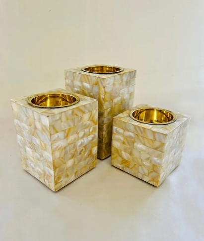 Luxe Elegance Golden Candle Holders In Mother Of Pearl